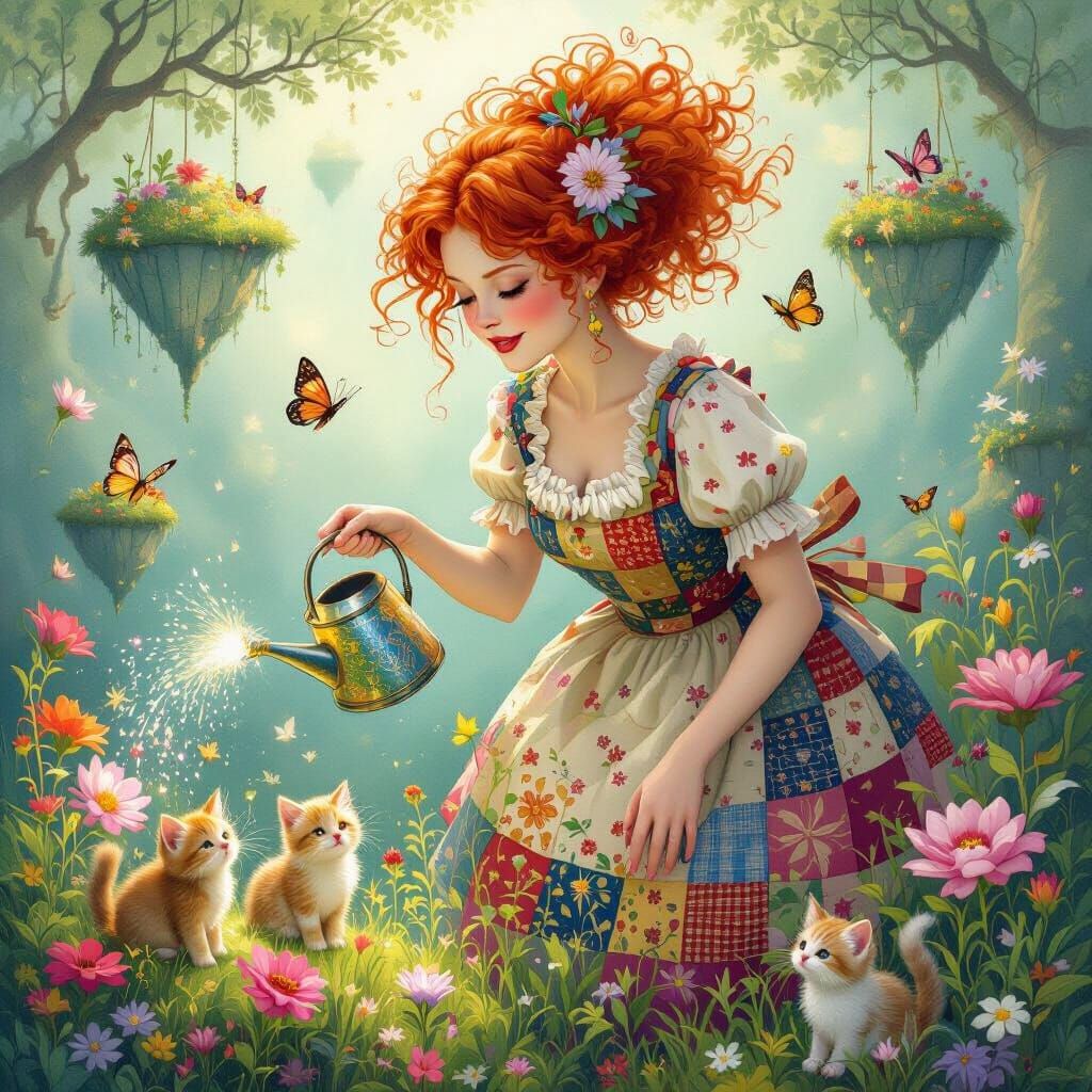 Whimsical Granny Tending Luminous Garden with Sprites