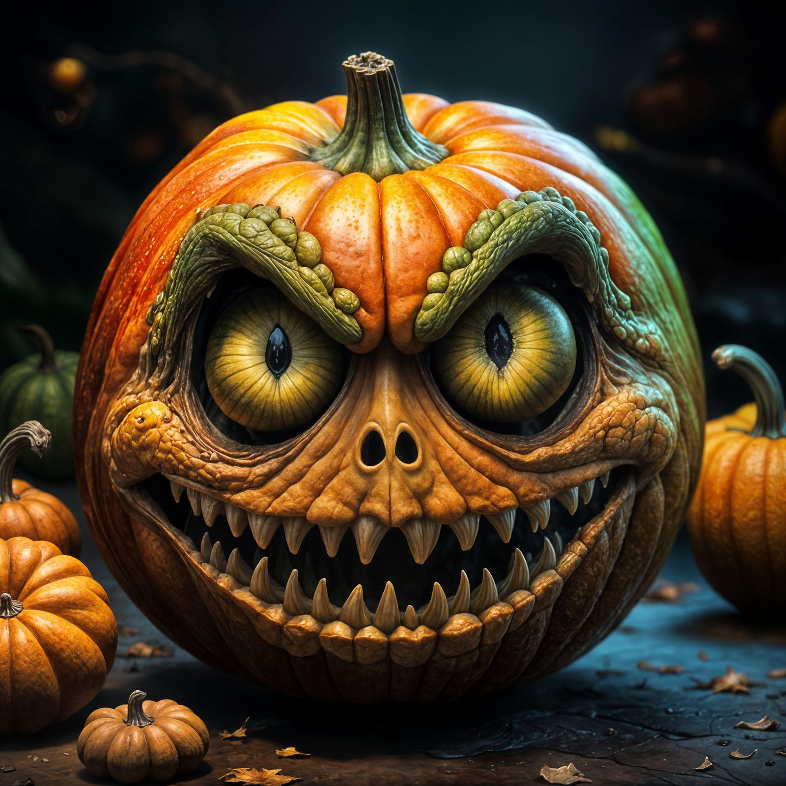 A detailed close-up of a gourd, with scary eyes and dagger -...