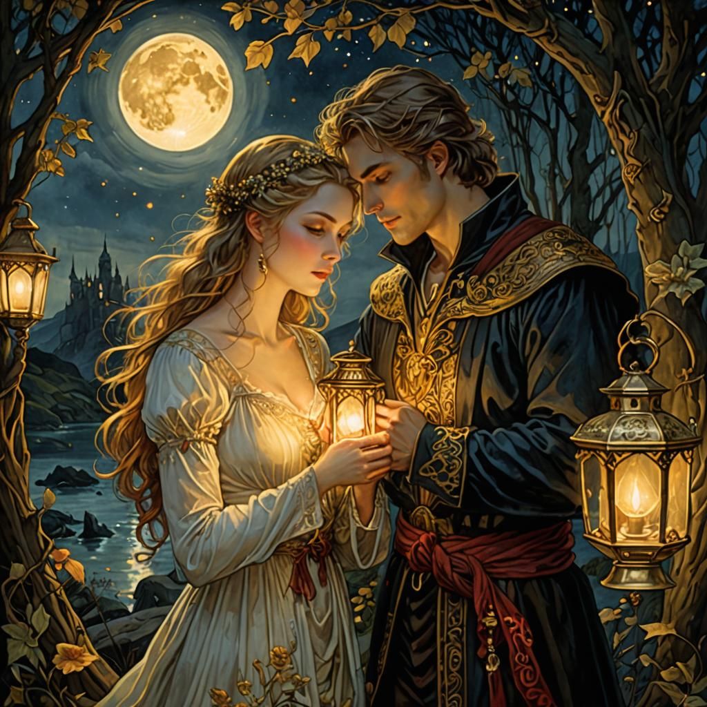 Lovers by Lantern Light: Ethereal Fantasy Art