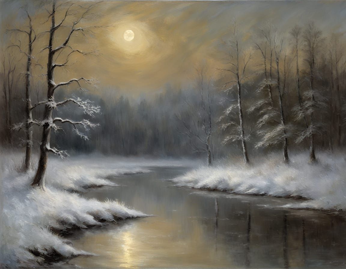 Snowy Forest Under Full Moon: Impressionist Landscape