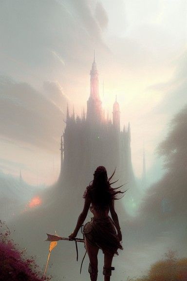 Ethereal Warrior in Misty Fantasy Landscape