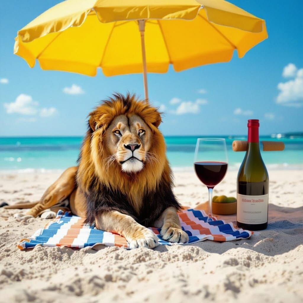 Lion Relaxing Under Beach Umbrella in Swim Trunks