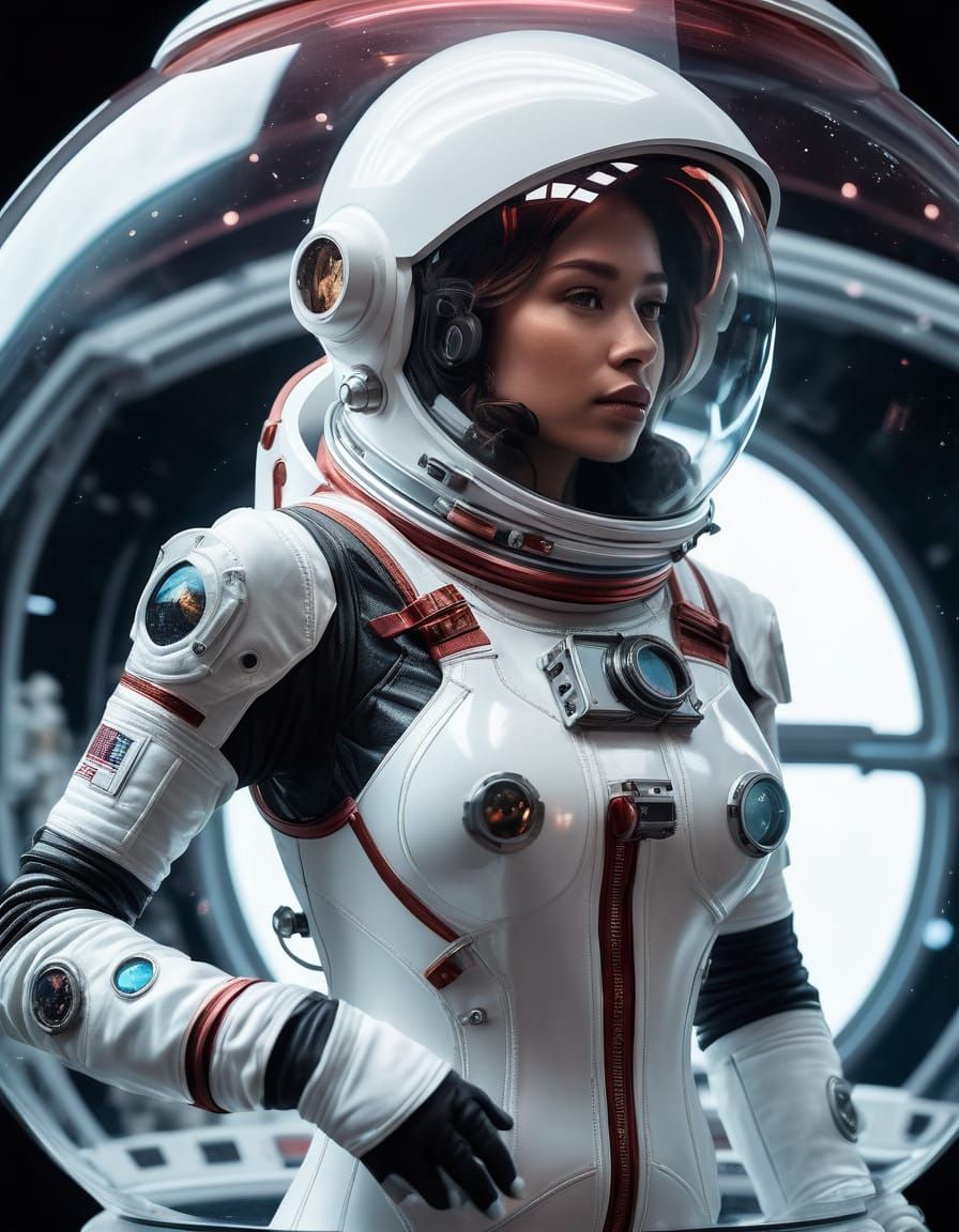 Young Astronaut in Futuristic Spaceship with Cherry Glass Su...