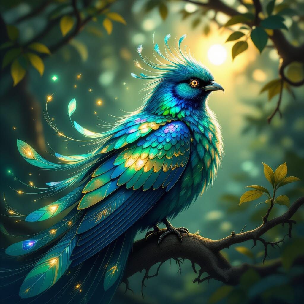 Fantastical Iridescent Bird with Ethereal Glow