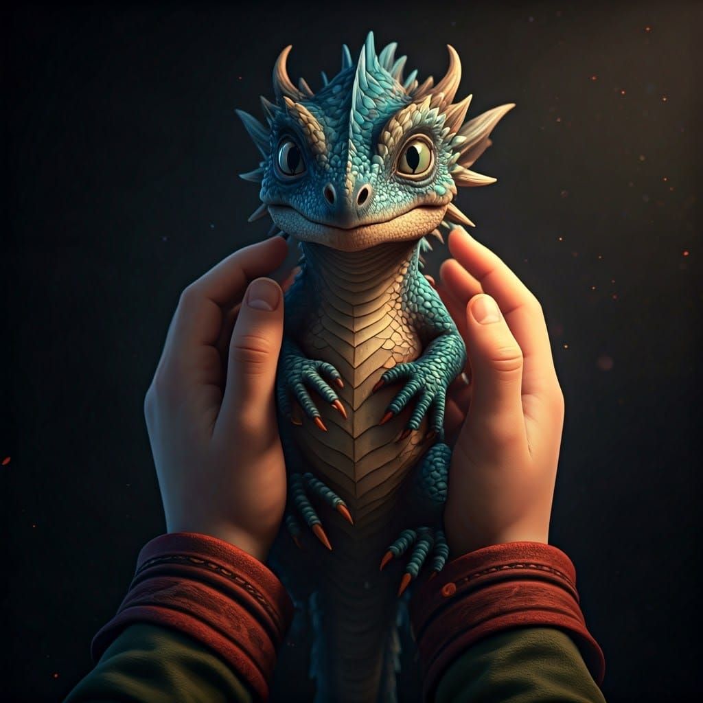 Child's Hands Protect a Cute Baby Dragon