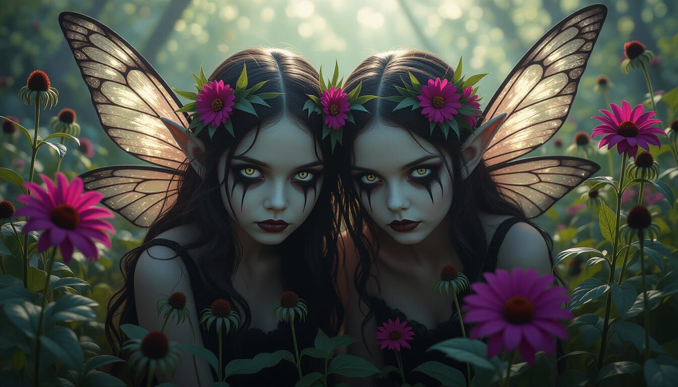 Twin Creepy Fairies Hiding in Morbid Garden