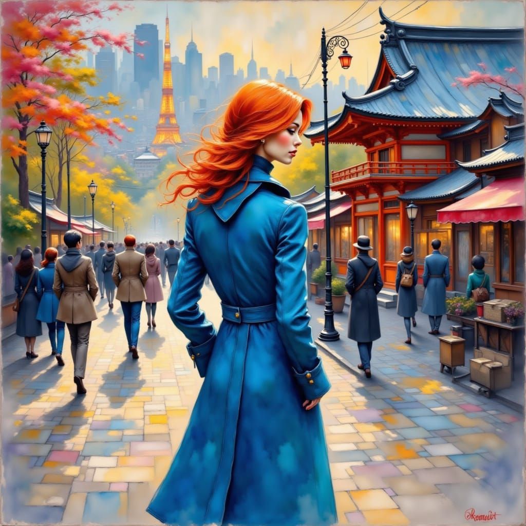 American Woman Visits Tokyo Temple in Impressionist Style