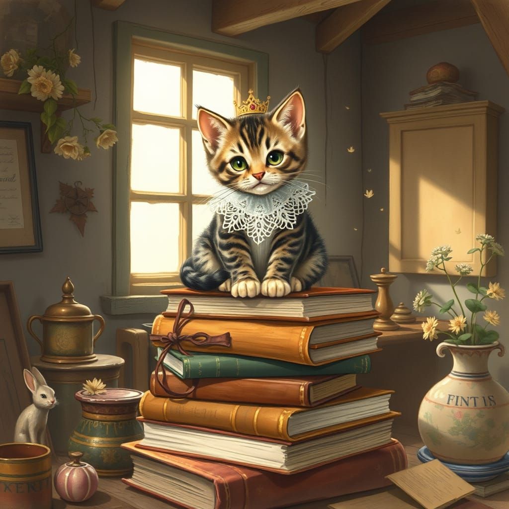 Kitten with Crown in Attic, Beatrix Potter Style