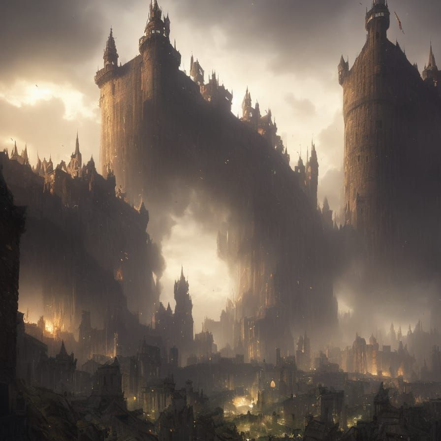 Giant Attacks Castle in Dark Fantasy Style