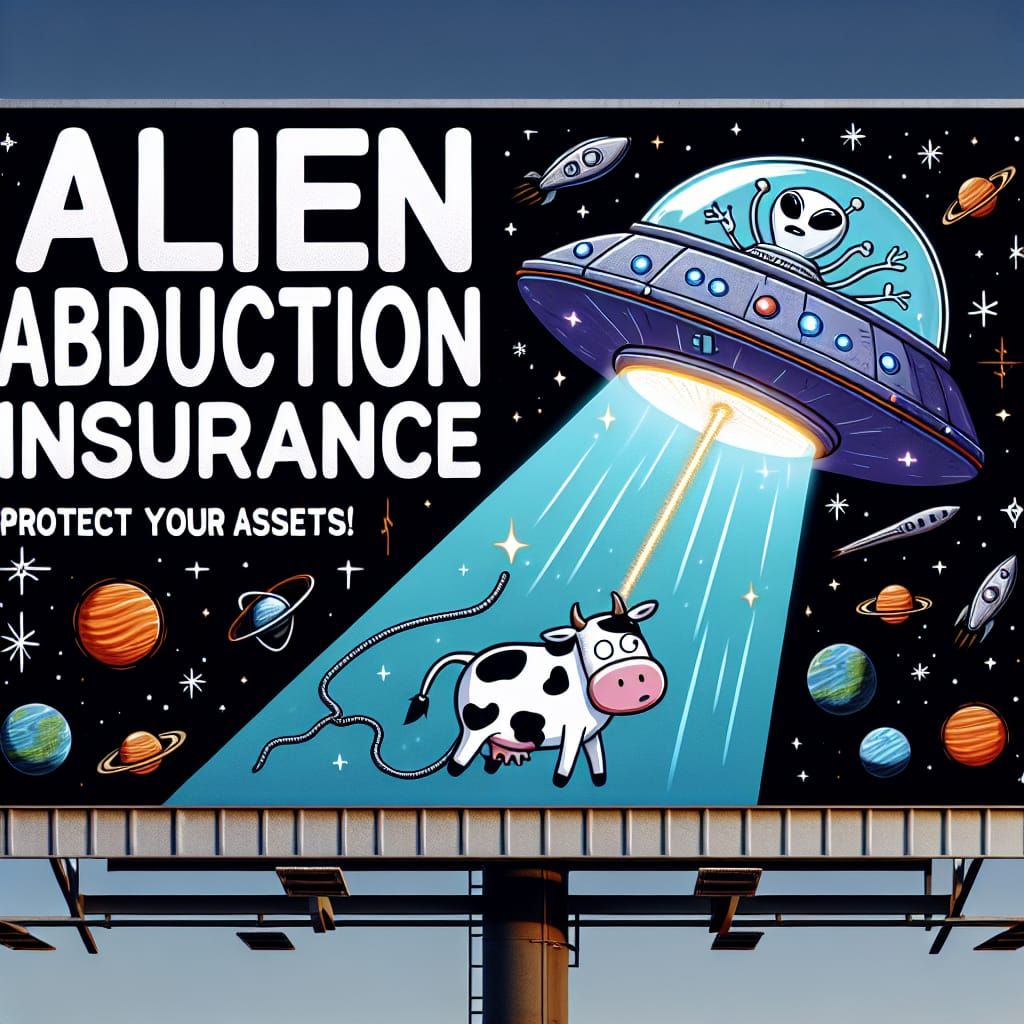 Alien Spaceship Abducts Cartoon Cow in Humorous Billboard