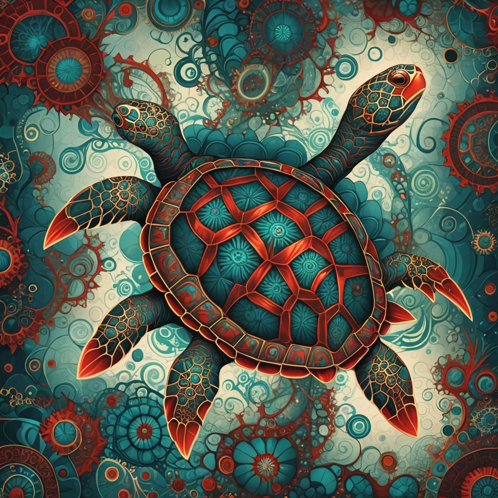 Fractal Turtle in Red and Teal