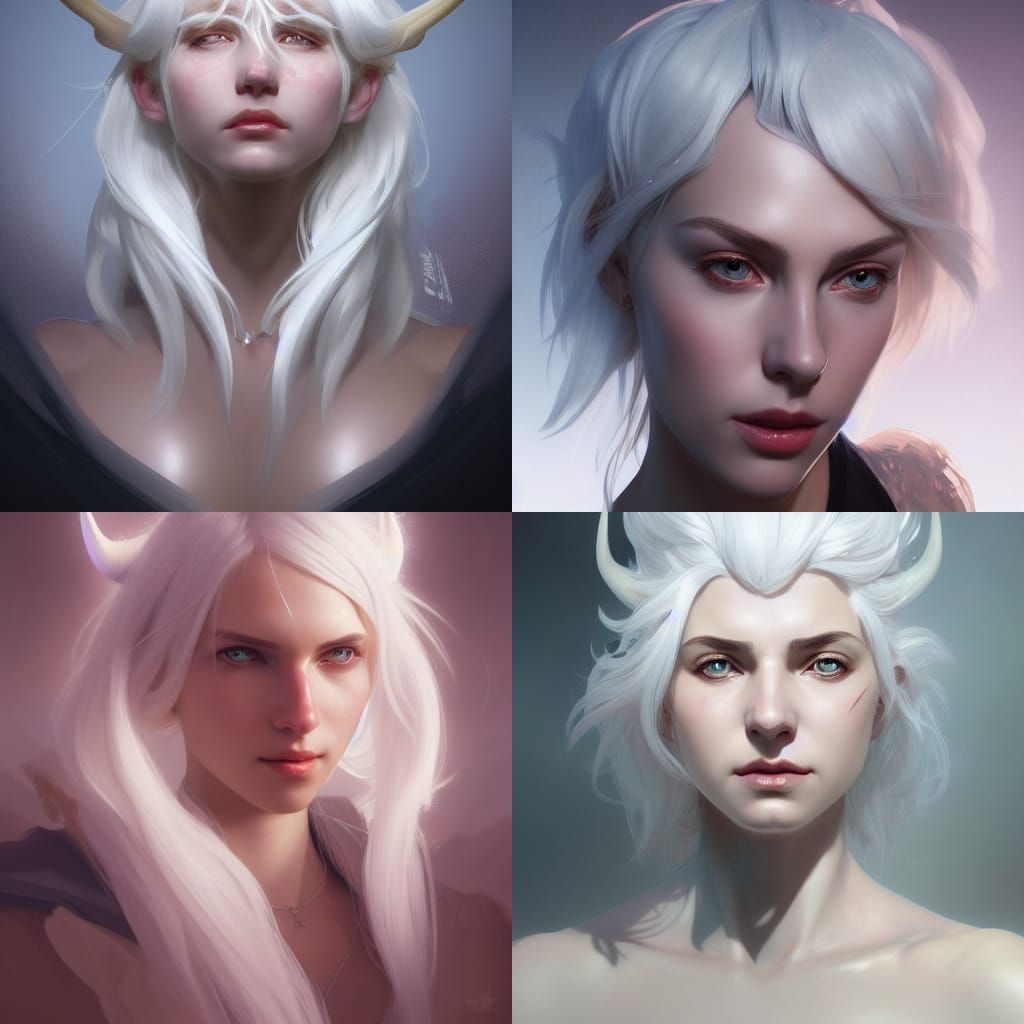 White-Haired Girl with Horns: Detailed Fantasy Portrait