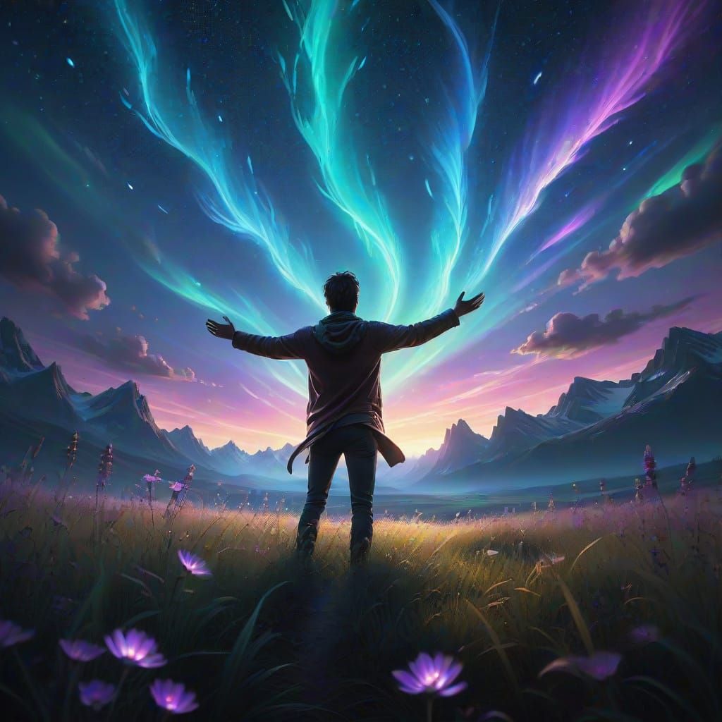 Man Embraces Twilight in Bioluminescent Fantasy Field
