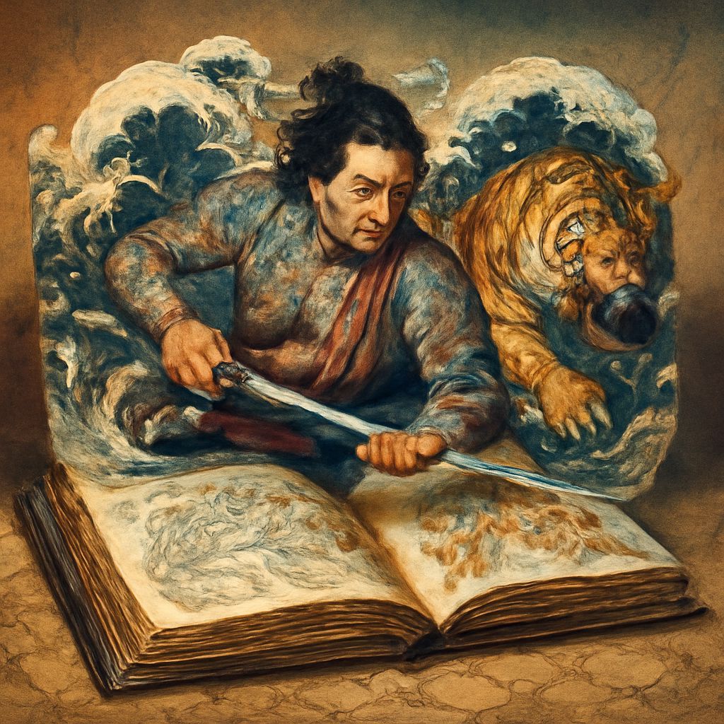 Samurai Drawing Sword Amidst Waves and Tiger, Oil Painting S...