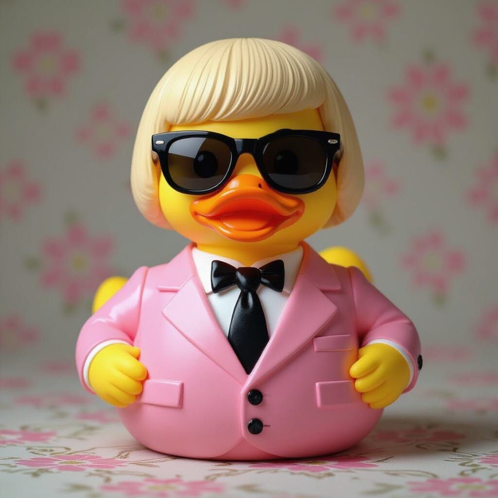 Rubber Duck in Pink Suit with Blonde Bowl Cut and Sunglasses