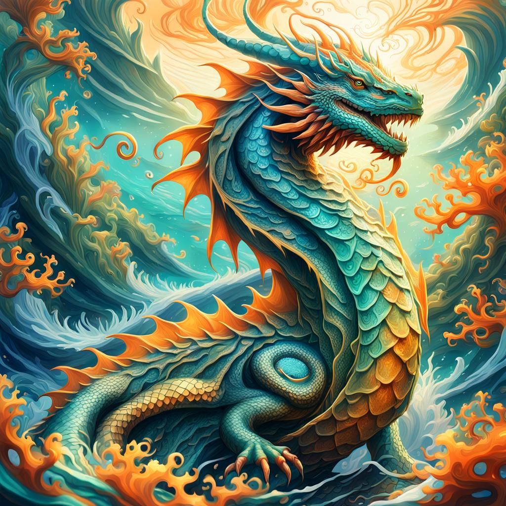 Mystical Water Dragon Concept Art in Golden Light