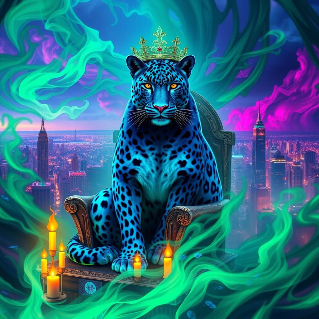 Majestic Blue Leopard King in the City of Time