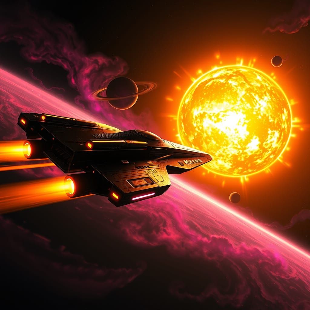 Sleek Spaceship Speeds Past Blazing Sun in Cosmic Landscape