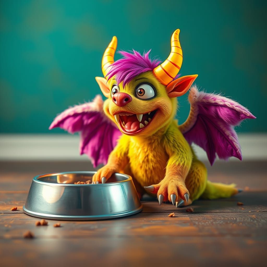 Fantasy Pet Monster Sits Beside Dog Food Dish in Whimsical S...