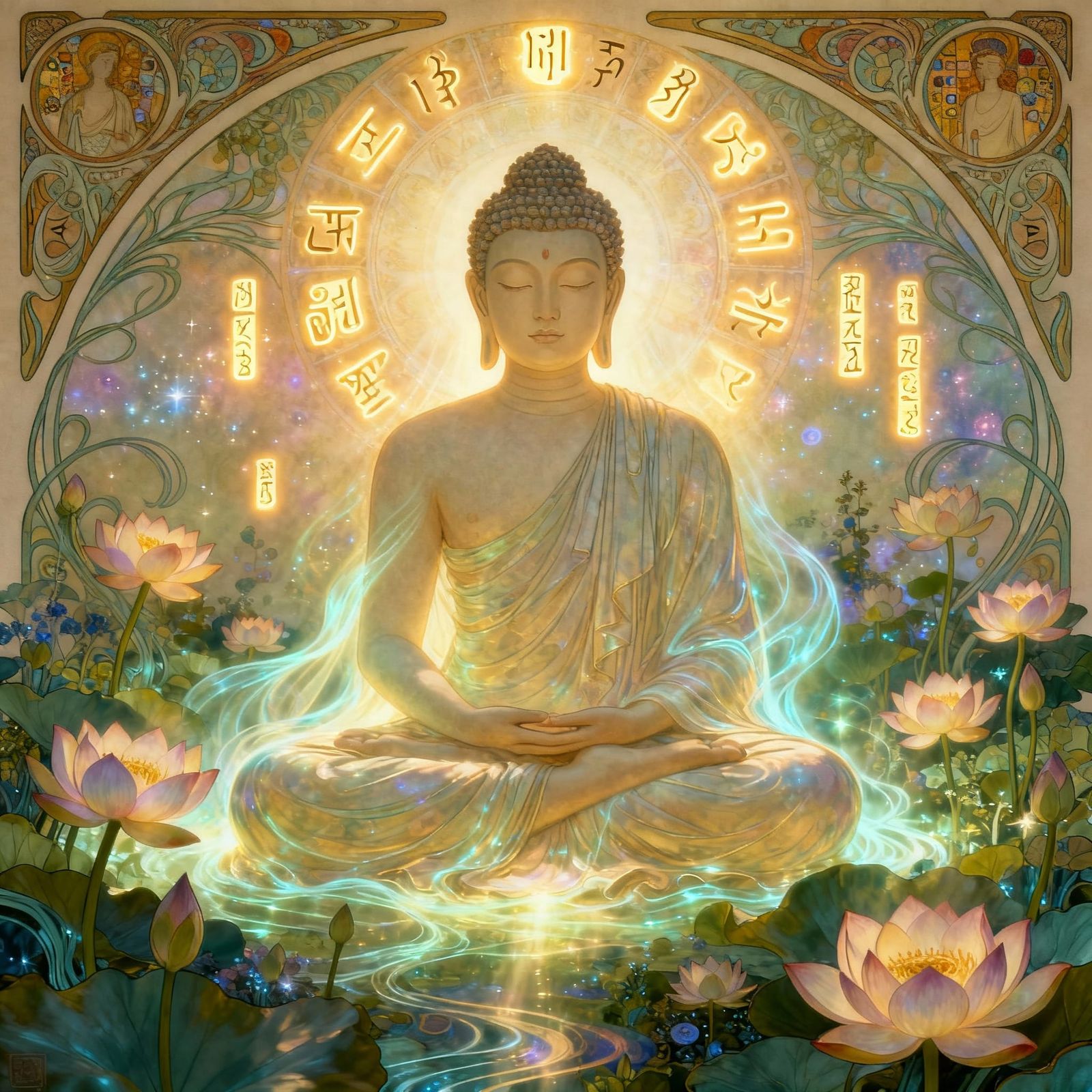 Buddha in Celestial Garden with Ethereal Light