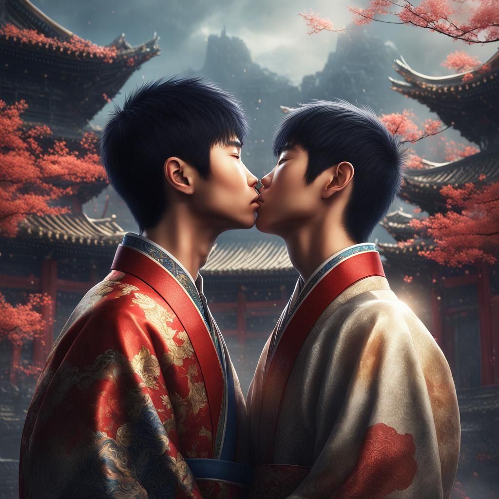 Gay Asian Couple Kissing: Detailed Fantasy Art