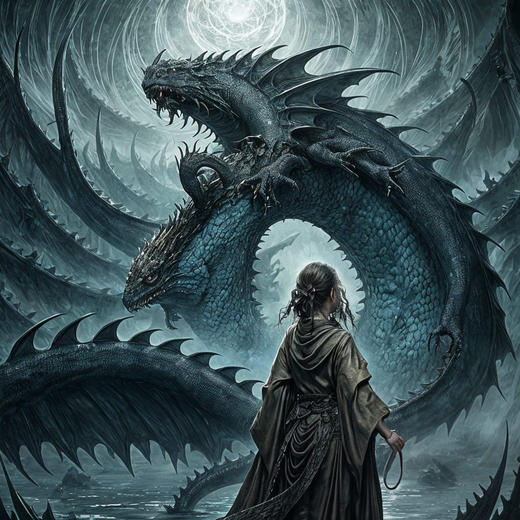 Girl in Kimono with Dragon: Horror Illustration