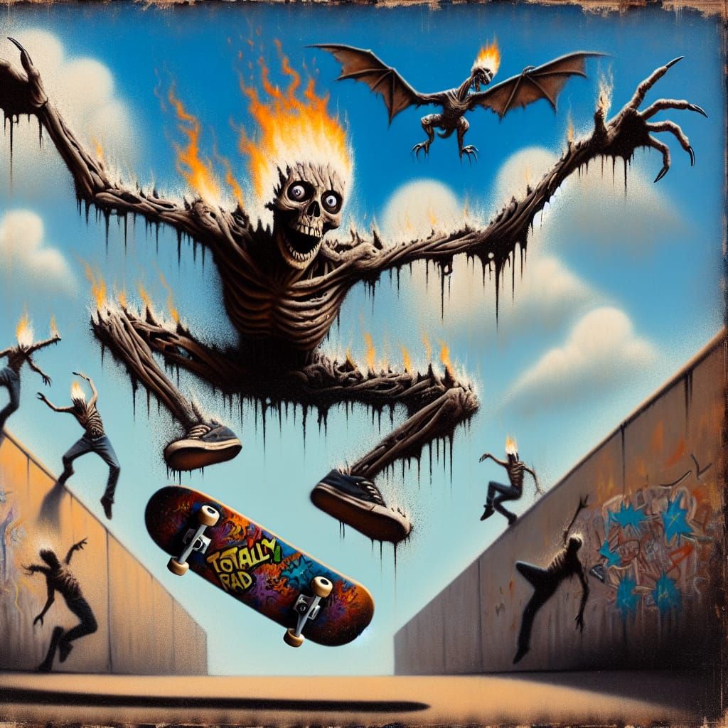 Charred Skateboarder with Ash Dragon, Expressionistic Art