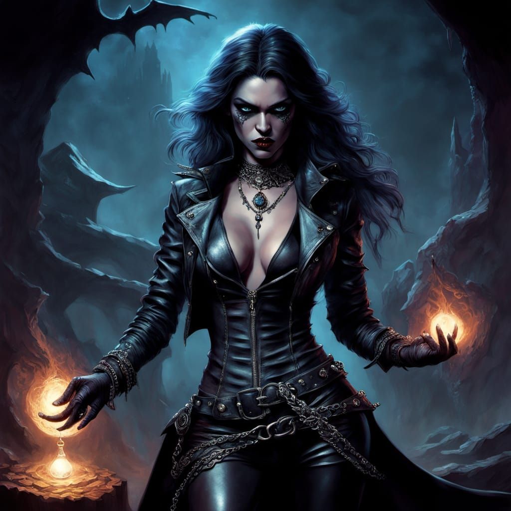 Dark Fantasy Witch in Black Leather Jacket and Diamond Accen...