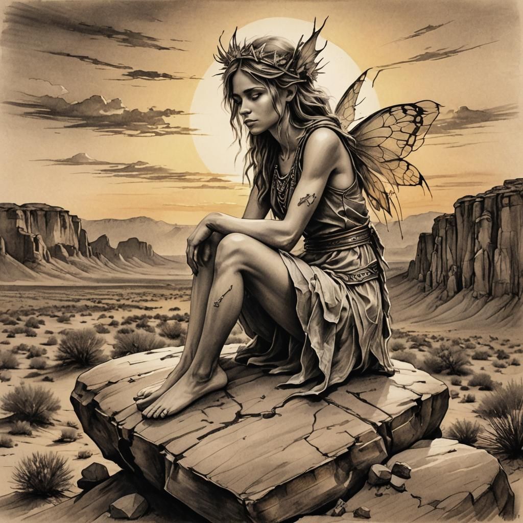 Tired Desert Fairy at Sunset: Pencil Sketch