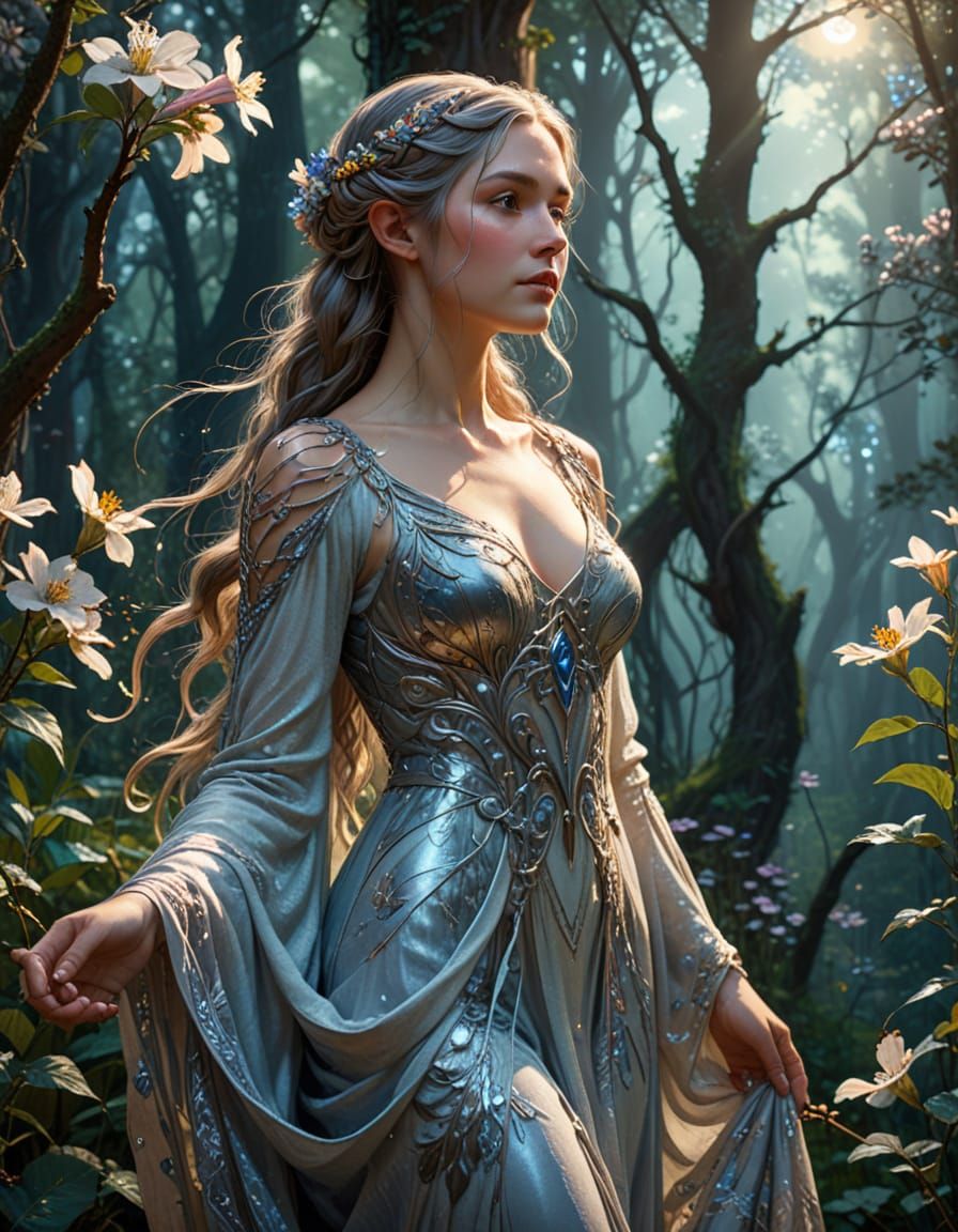 Elven Woman in Mystical Forest: Art Nouveau Style