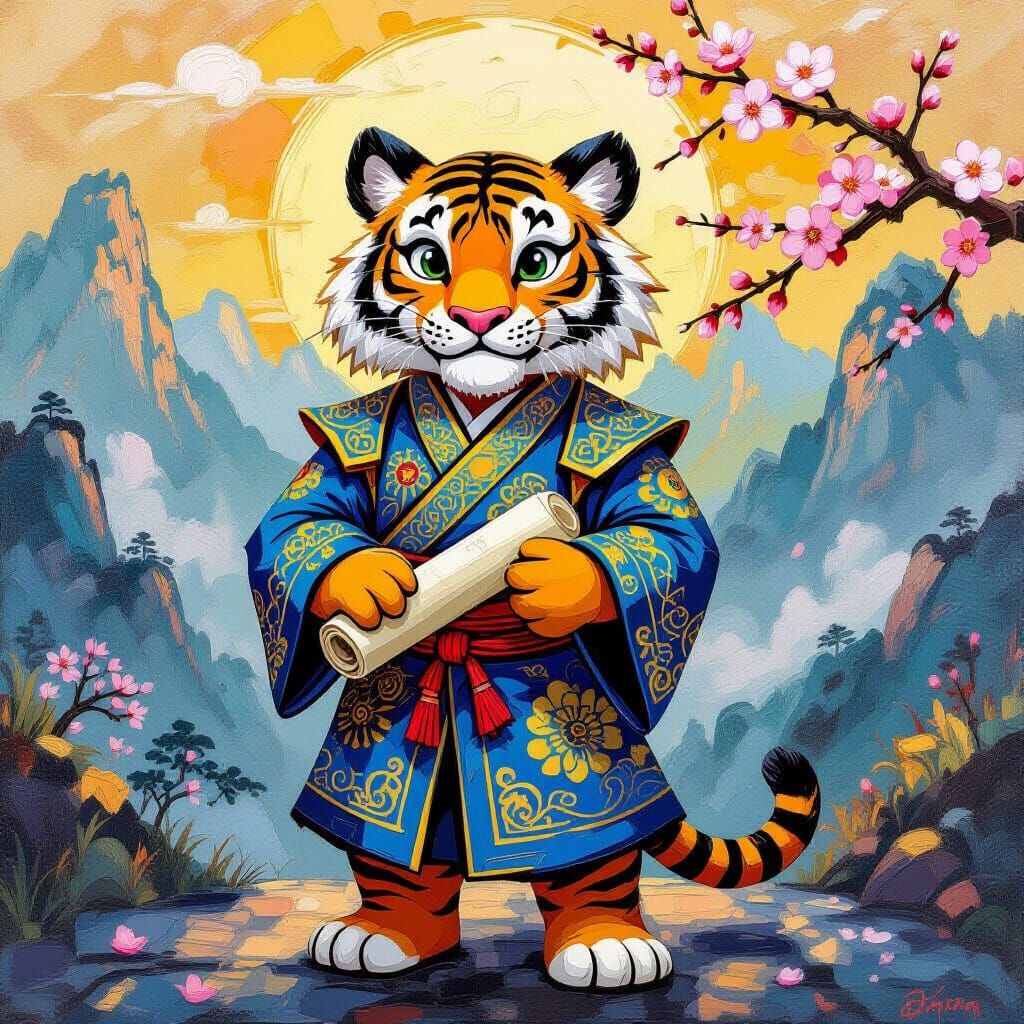 Cartoon Tiger in Chinese Robes, Impasto Painting Style