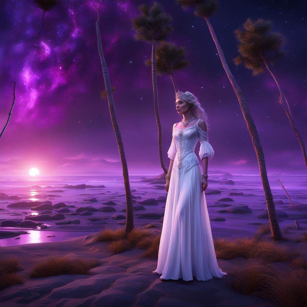 Woman in White Dress on Daytona Beach: Detailed Digital Pain...