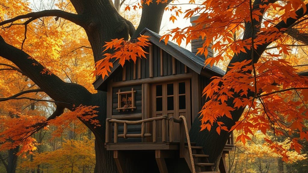 Cozy Rustic Treehouse Amidst Autumn Glory