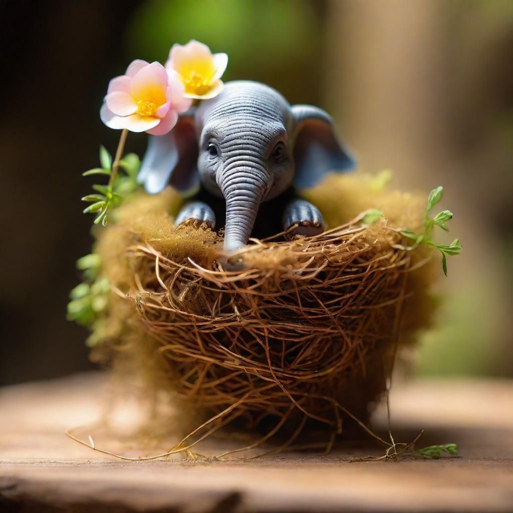 Whimsical Baby Elephant on Floral Nest, Fantasy Realism