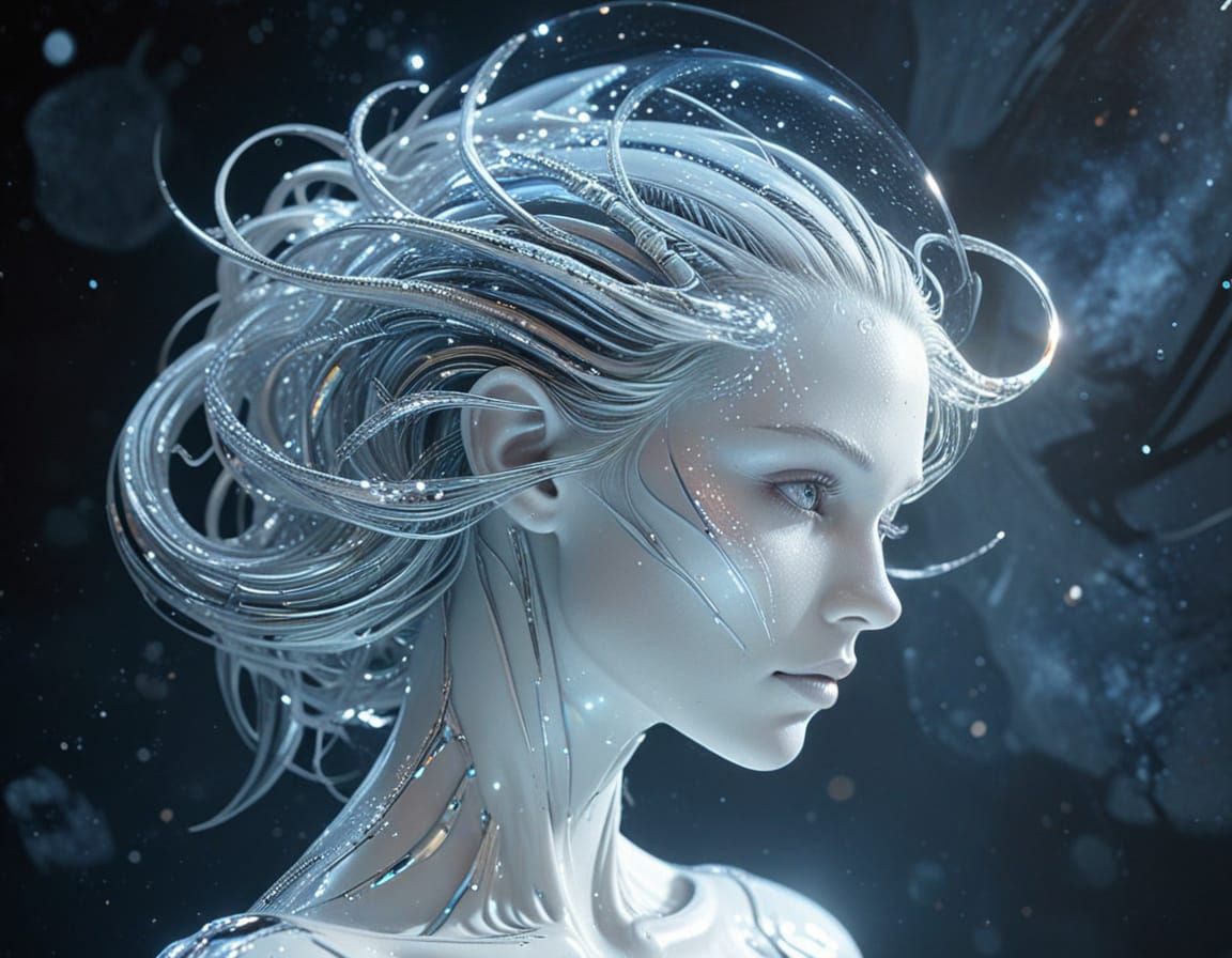 Ethereal Celestial Alien Goddess in Shimmering Silver and St...