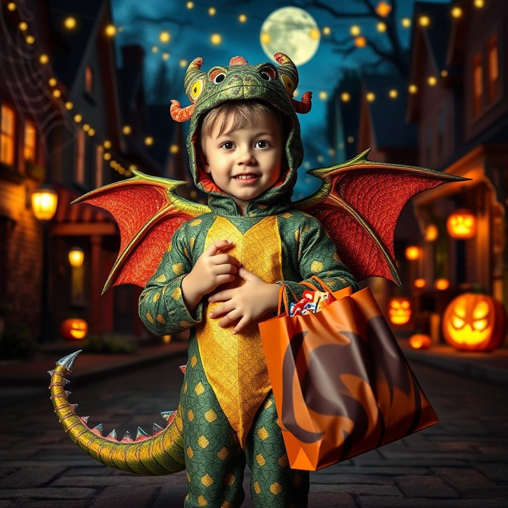 Boy in Dragon Costume on Halloween Night