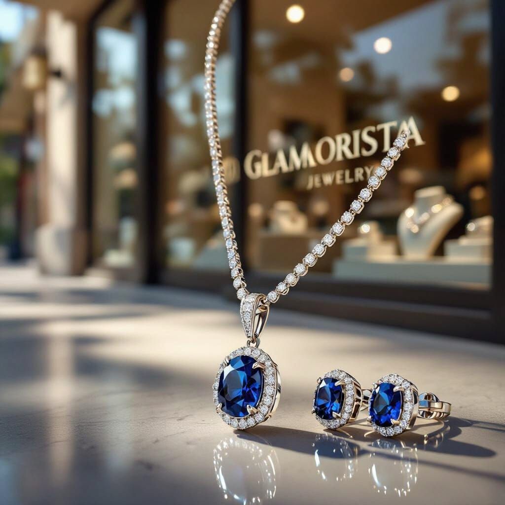 Diamond Sapphire Jewelry Set Necklace Earrings Realistic Pho...