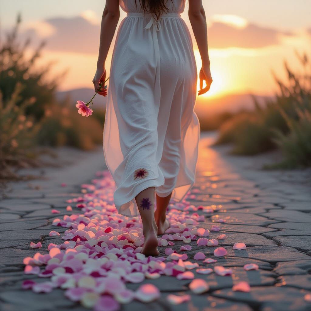 Figure on Rose Petal Path in Ethereal Art Style
