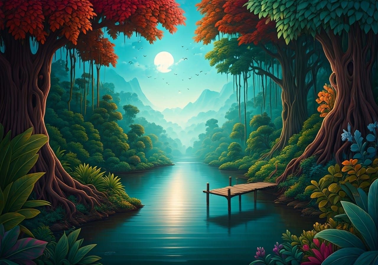 Dreamy Jungle Landscape in Watercolor Style