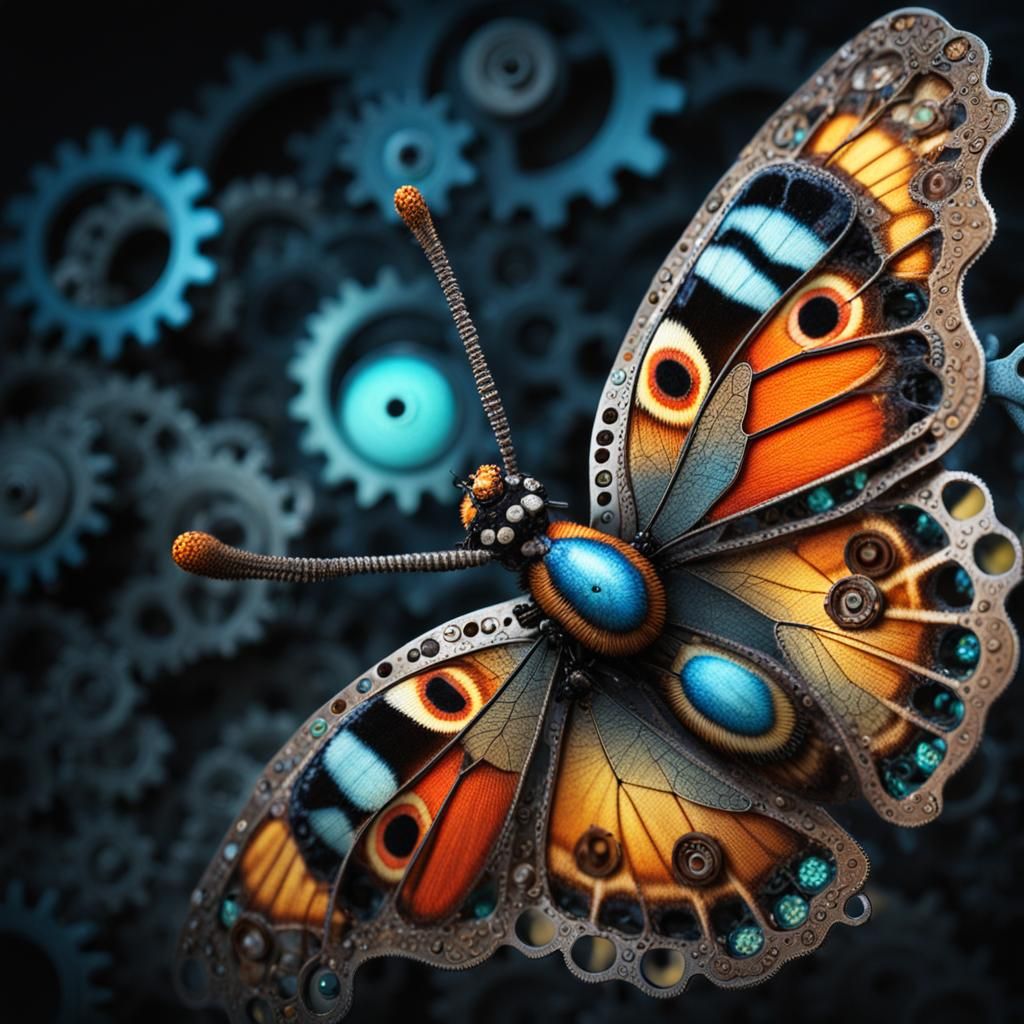 Butterfly with Gears: Hyperrealistic Zoomed Portrait