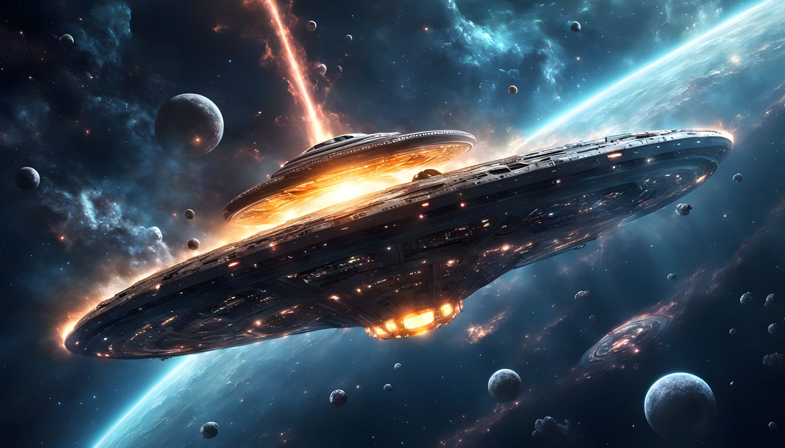 UFO in Space Nebula, Hyperrealistic Digital Art