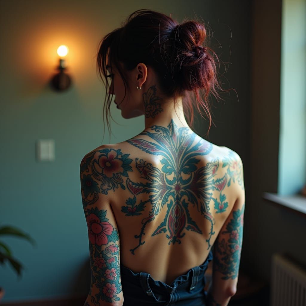 Tattooed Woman: Surreal Art with Vibrant Sleeve Designs