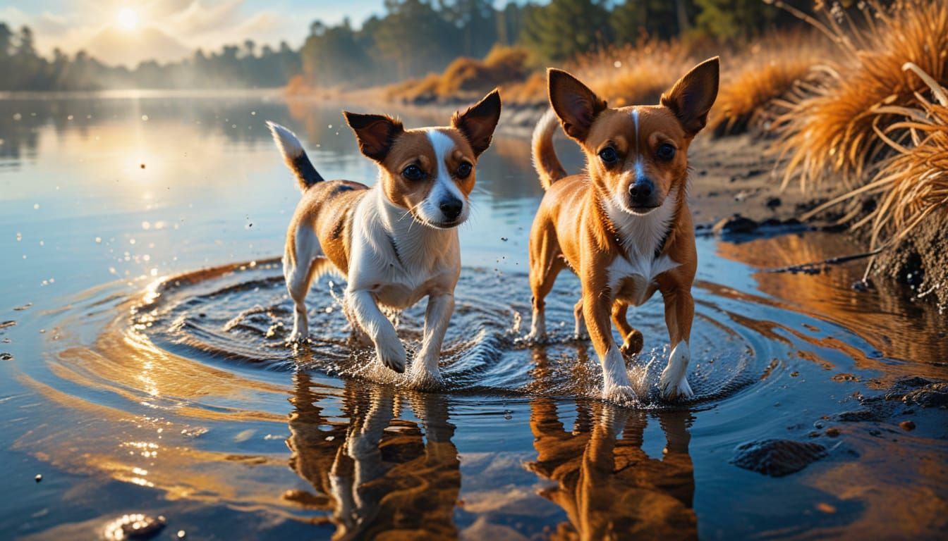 Terrier and Chihuahua Play at Sunset: Alcohol Ink