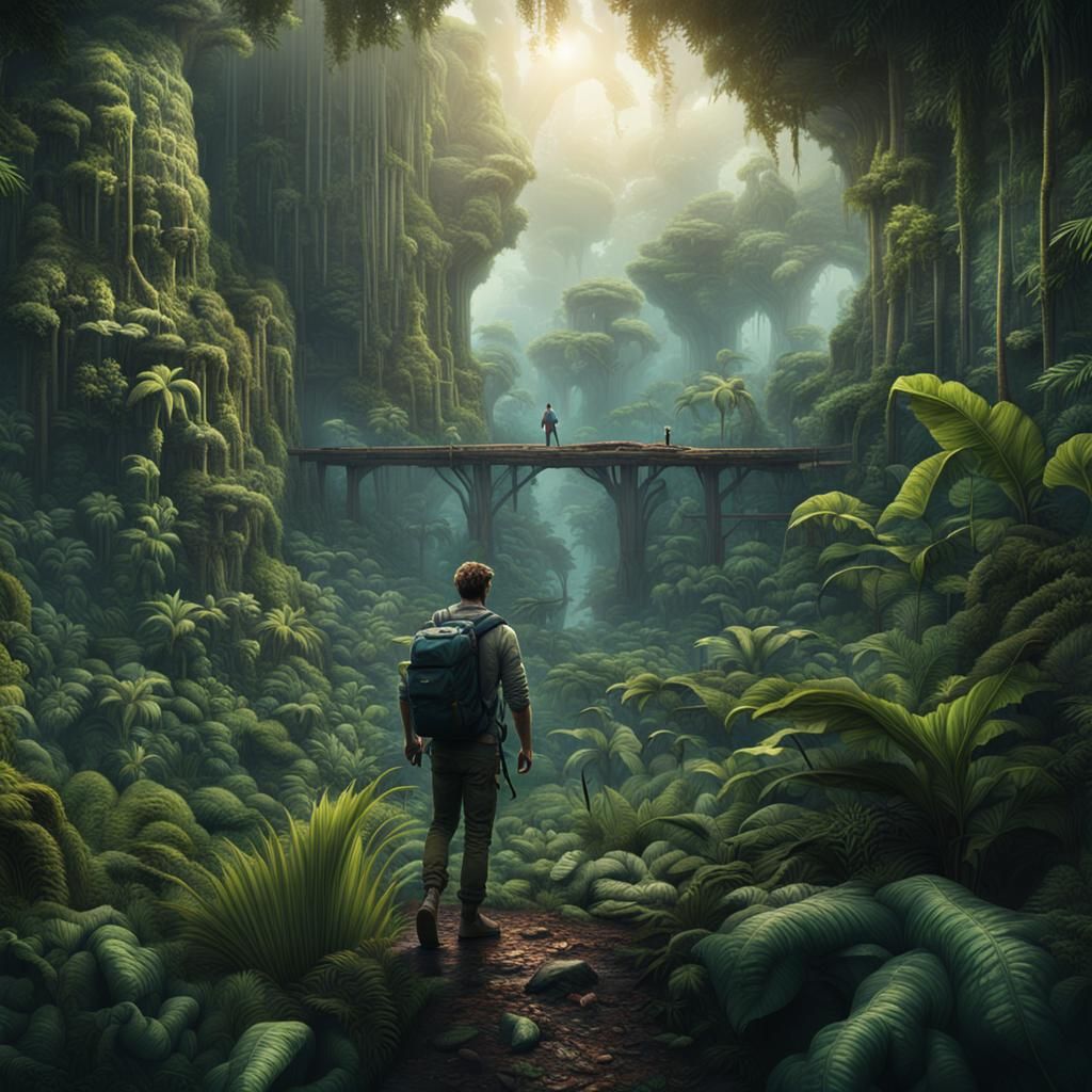 Explorer in a Detailed Jungle Landscape