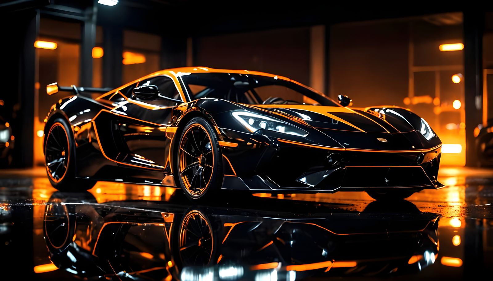 Glass Sports Car in Black and Orange, Cinematic Style