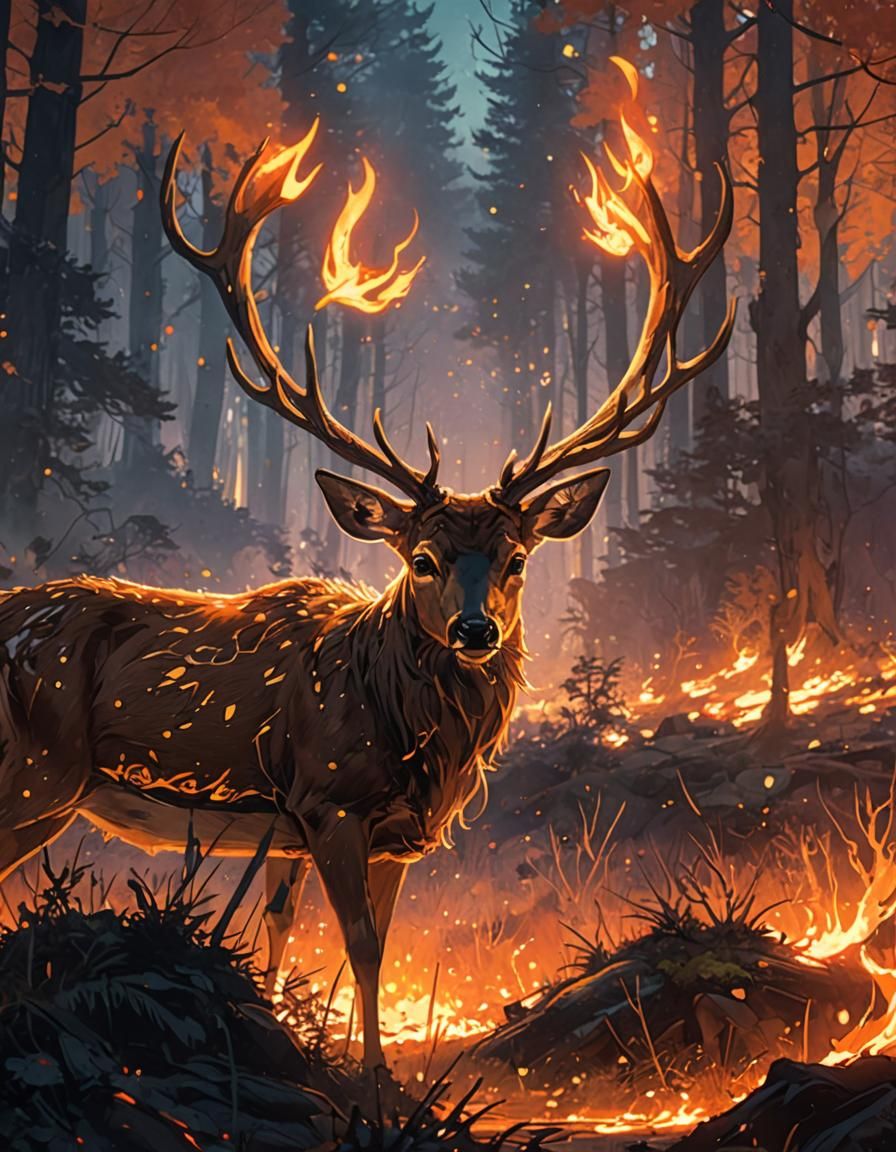 Mystical Deer with Fiery Antlers, Anime Concept Art