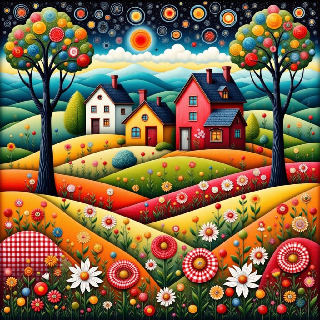 Whimsical Folk Art Rural Scene with Gingham Flowers
