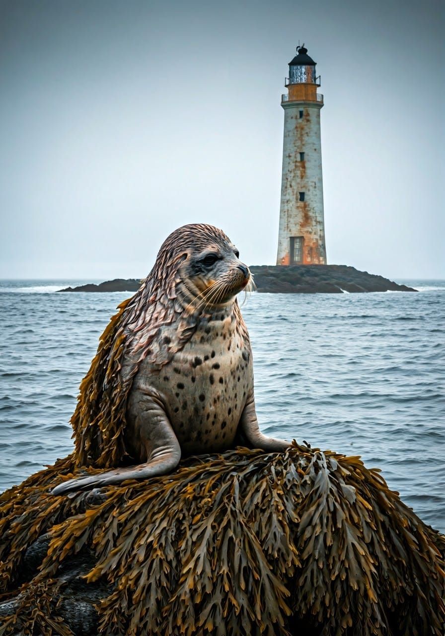 Contemplative Selkie on a Rock near Lighthouse