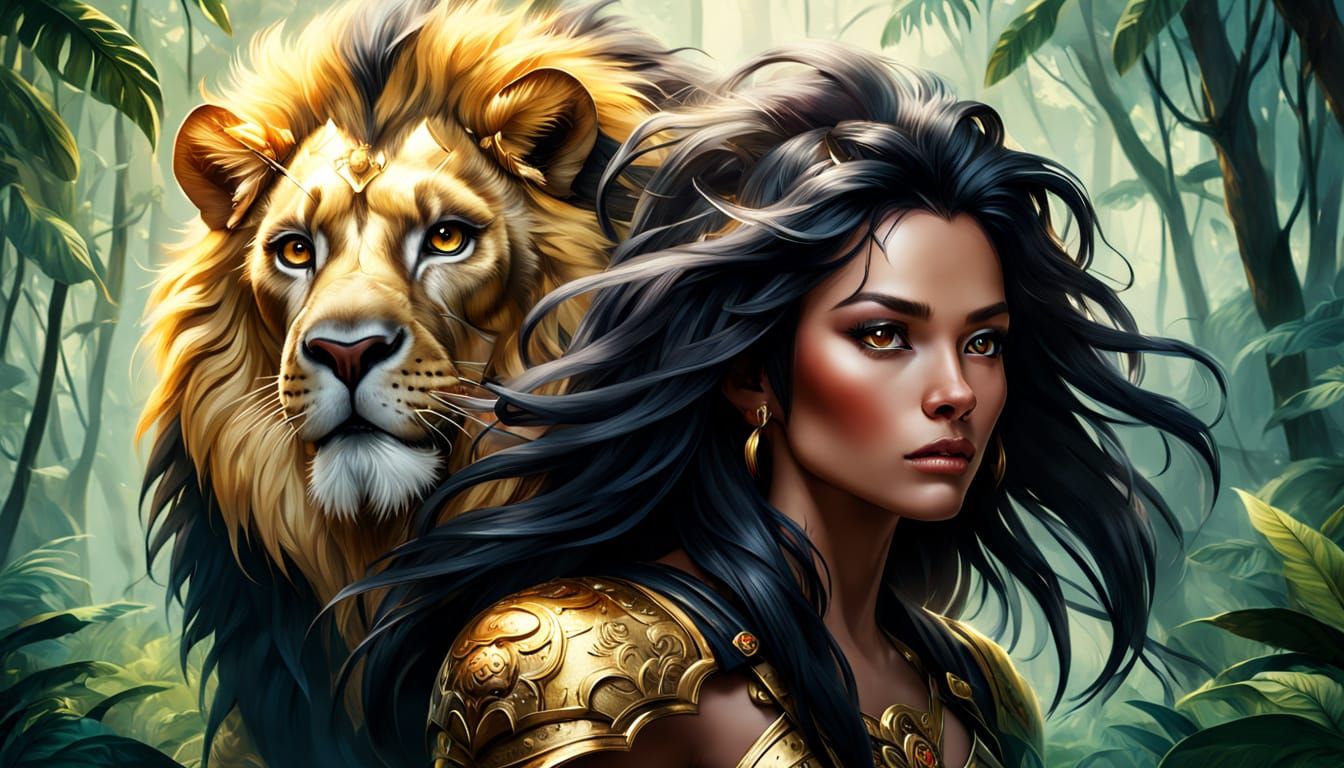 Lion and Warrior in Surreal Fantasy Jungle