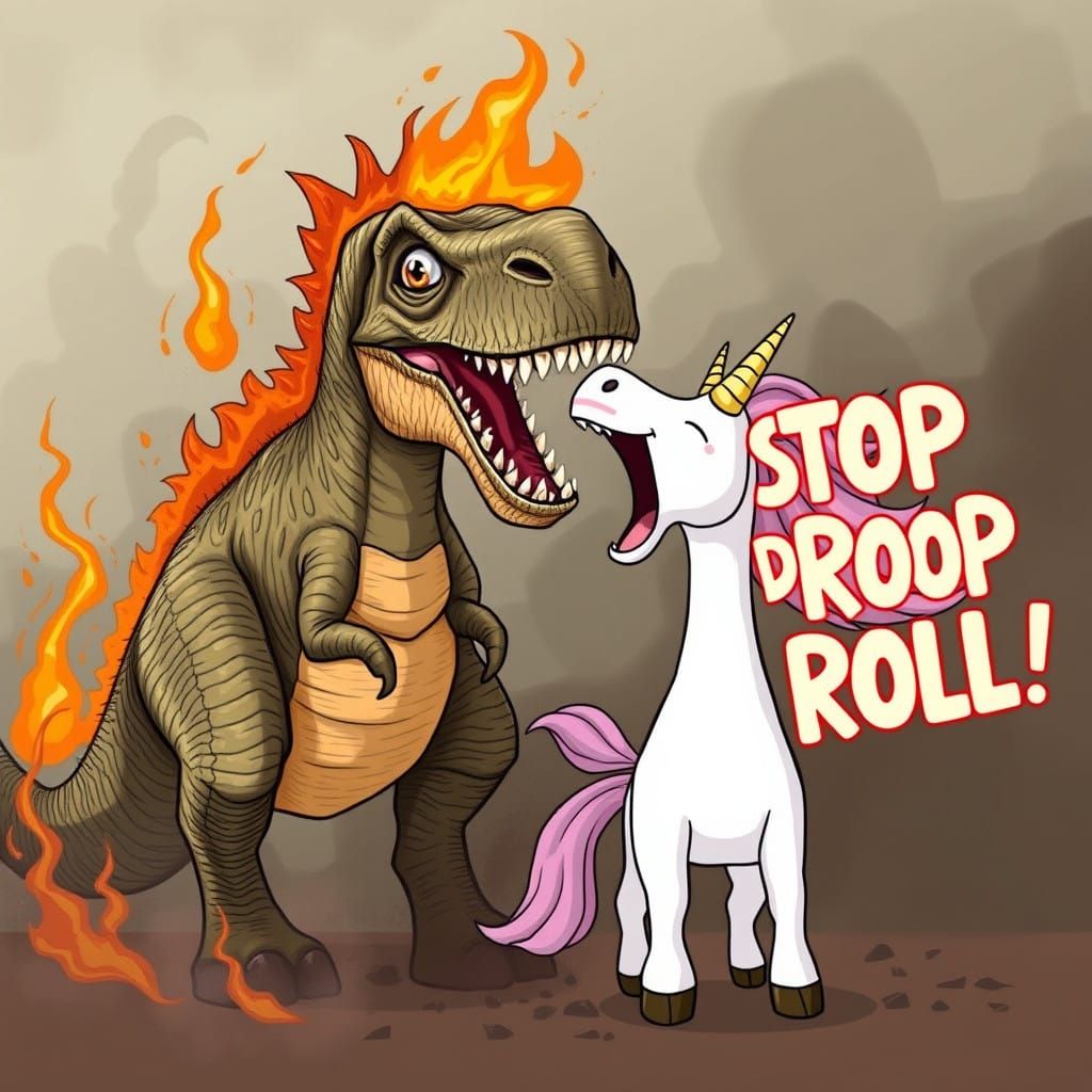 Fiery Dinosaur Confronts Unicorn Amidst Smoky Ashen Backgrou...